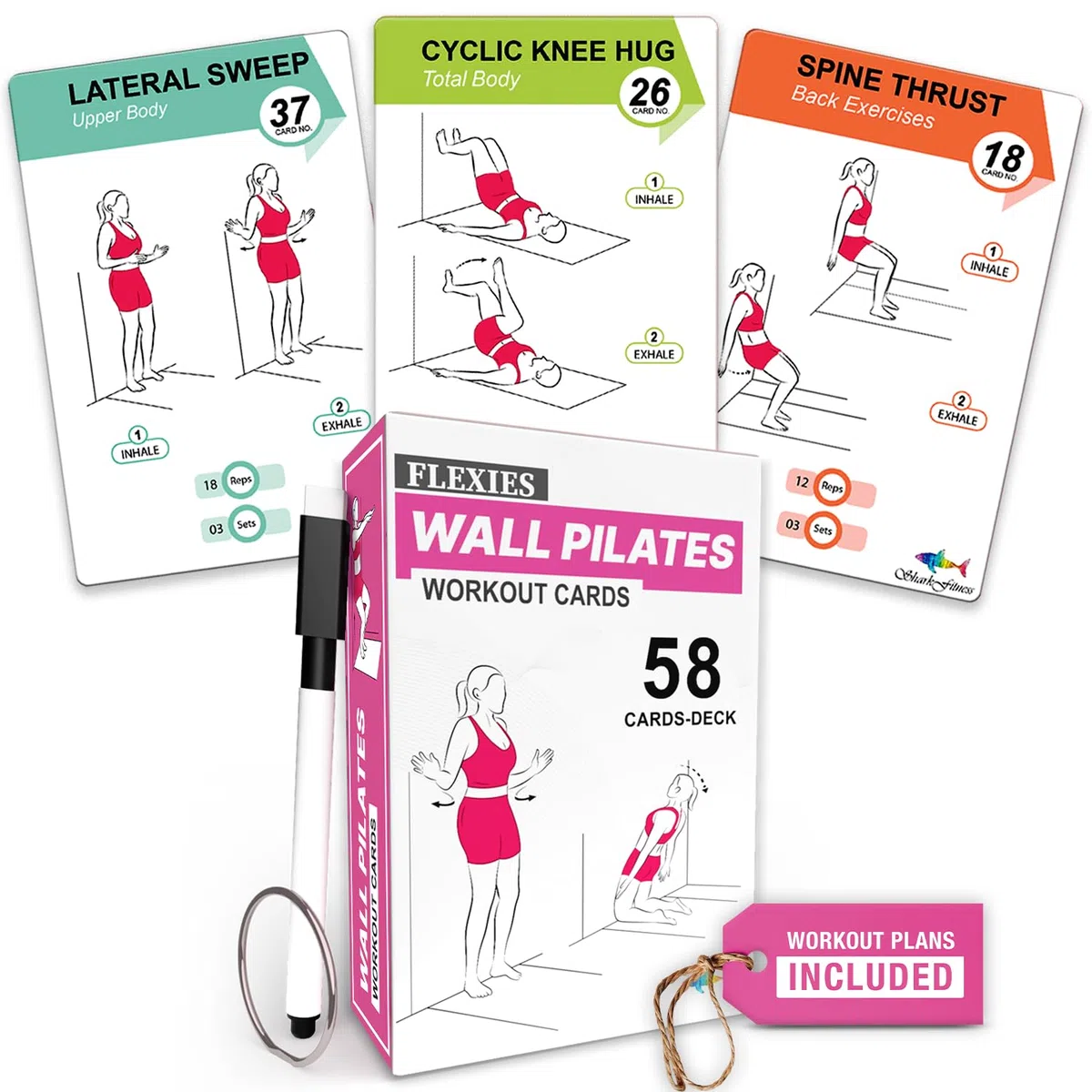 Flexies Entrenamientos de pilates de pared para mujeres, 58 tarjetas de ejercicio con posturas de entrenamiento de pilates en la pared, instrucciones y consejos de respiración, anillo y marcador de