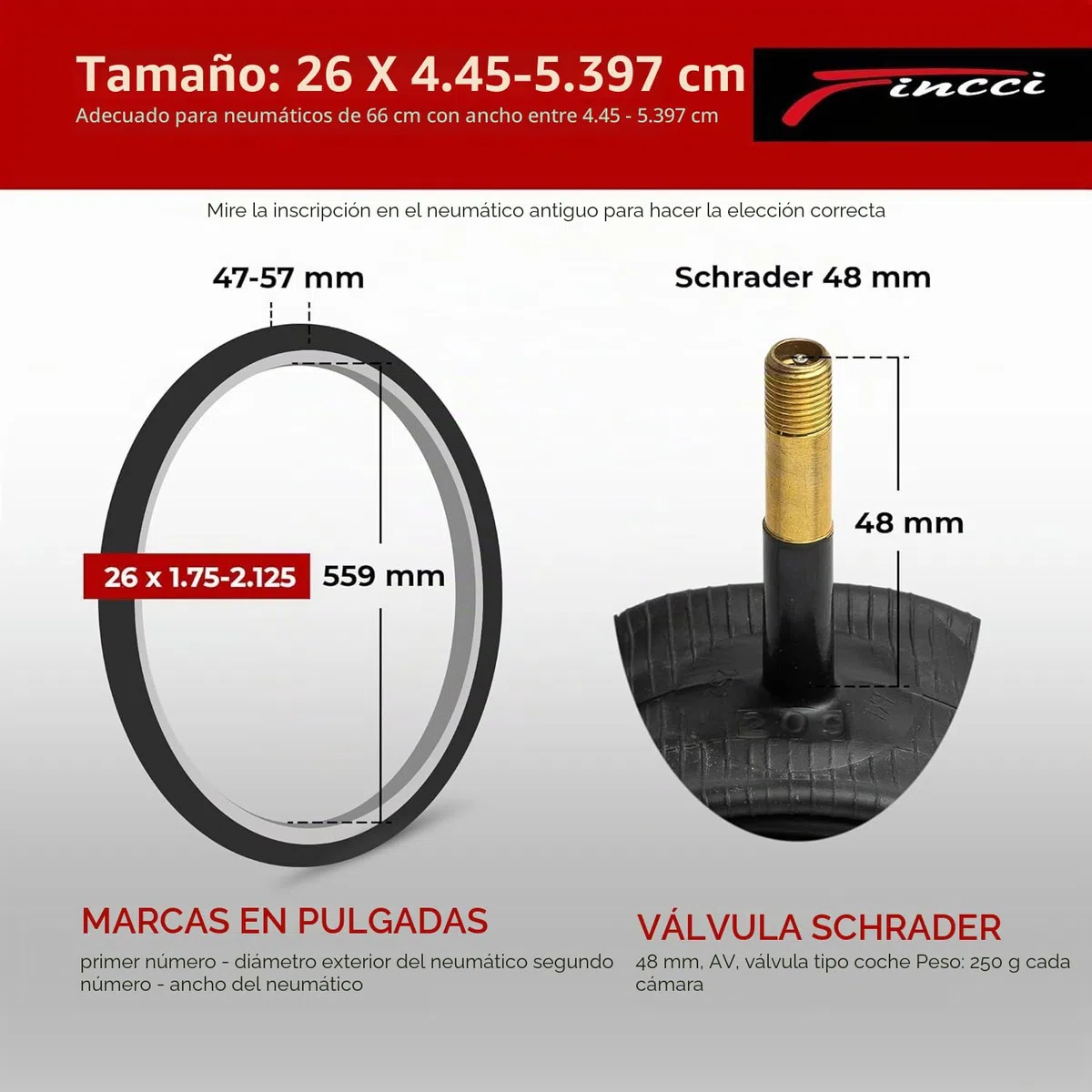 Fincci Camara Bicicleta 26 pulgados - Pack de Cámaras 26 x 1.75 x 1.95 x 2.0 x 2.1con Válvula Schrader de 48mm - Neumáticos MTB y Bicicletas Eléctricas, Estáticas, de Montaña y de Carretera
