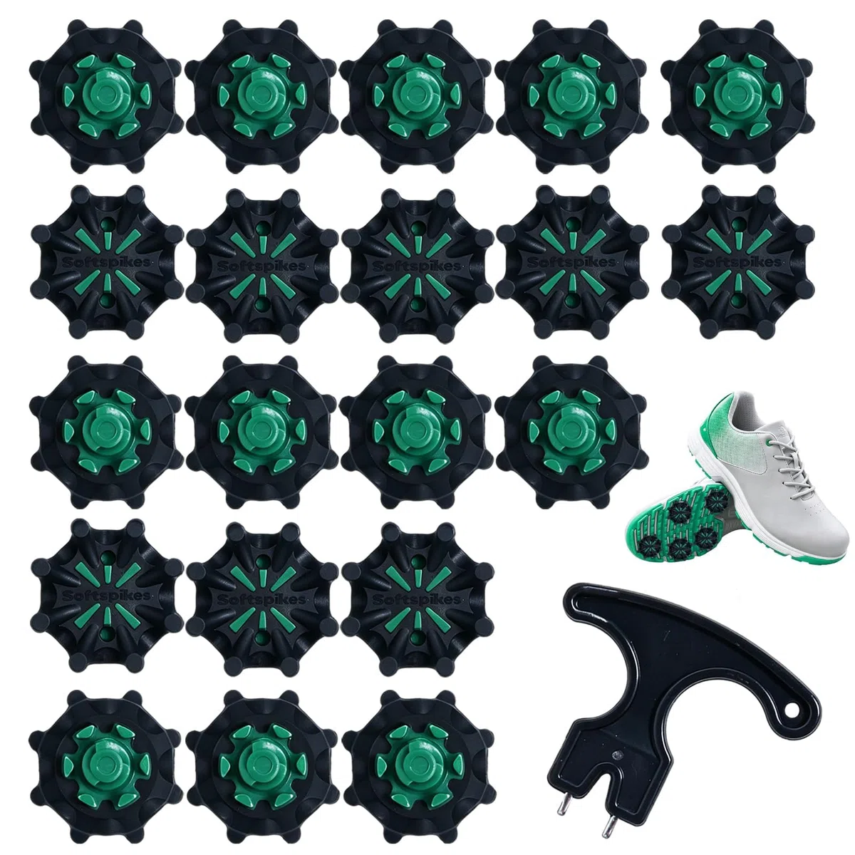 Juego de 20 picos de repuesto para zapatos de golf con llave, puntas suaves negras y verdes compatibles con el sistema FootJoy Fast Twist 3.0, tracción estable y fácil instalación