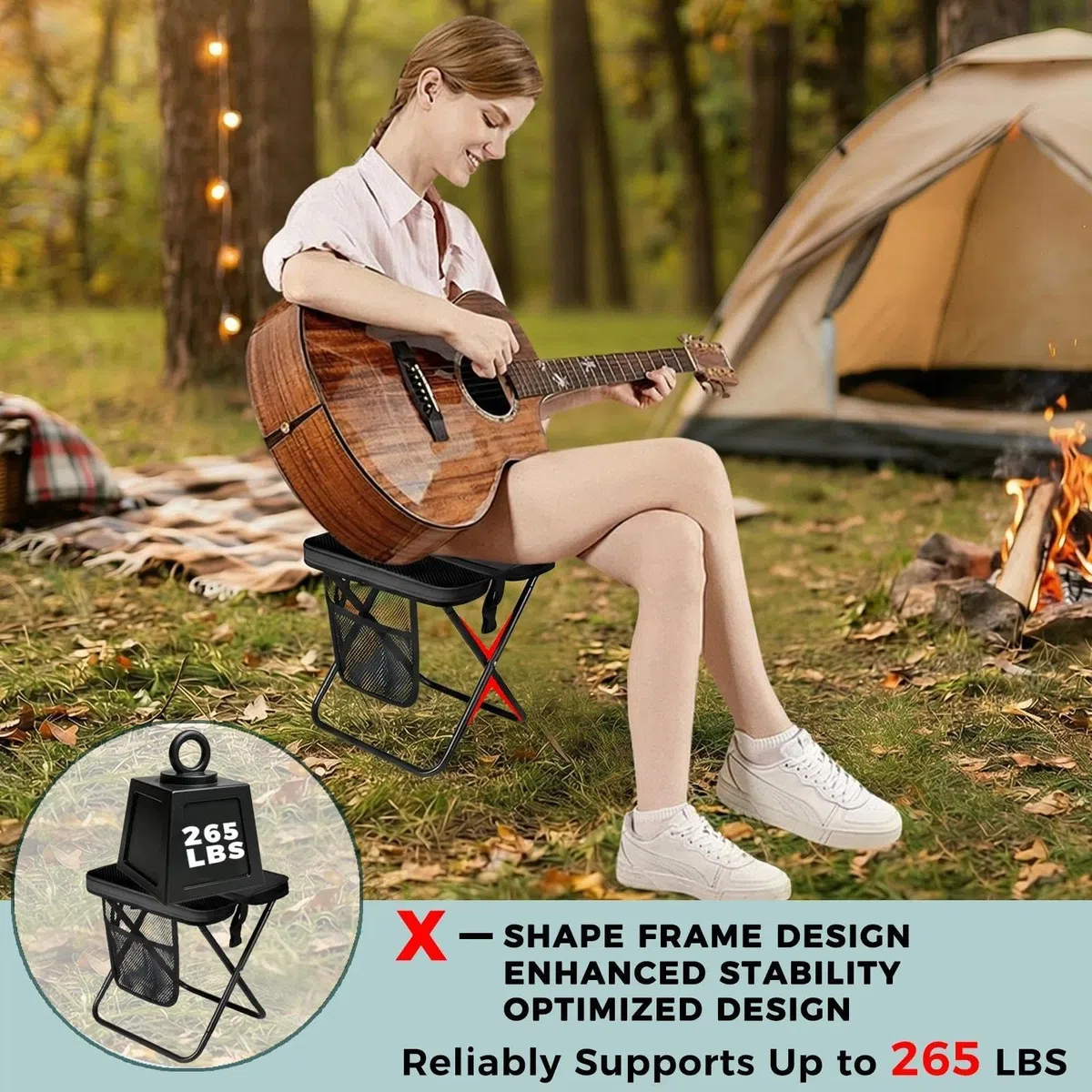 Taburete plegable portátil,Taburete de Camping,Taburete plegable con bolsillos laterales,Asiento Sillas Taburetes Plegables Portátil para Camping Pesca Playa Senderismo Jardin Exterior, Soporta 120kg