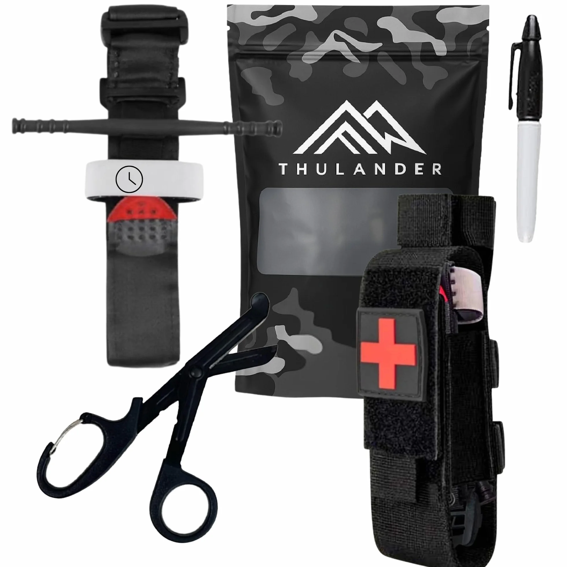 Pack Torniquete Táctico. 5 piezas (torniquete+funda+tijeras+boligrafo+parche) Kit supervivencia homologado hemorragias. Emergencias senderismo, militar, enfermero, policía Botiquín primeros auxilios