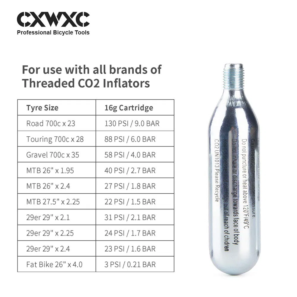 CXWXC Cartuchos de CO2 roscados de 16 g para neumáticos de Bicicleta – Cartucho para inflador de CO2 con conexión roscada, Bomba de CO2 para Bicicletas de Carretera y montaña