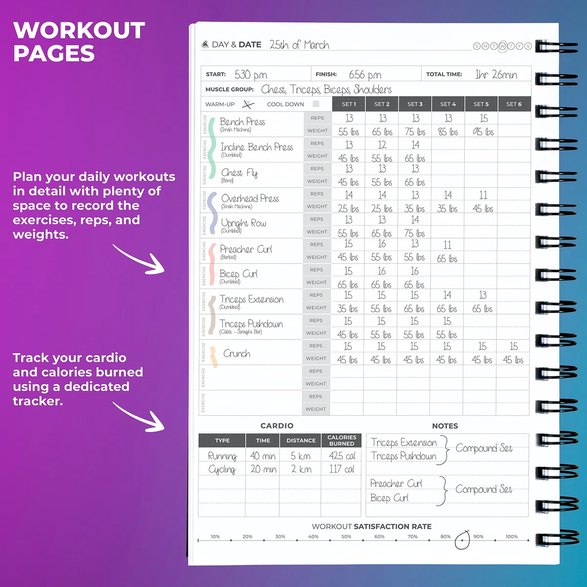 Clever Fox Diario de fitness y entrenamiento, cuaderno diario de ejercicios para rastrear tus levantamientos, cardio, seguimiento de peso corporal, encuadernado en espiral, cubierta laminada, páginas