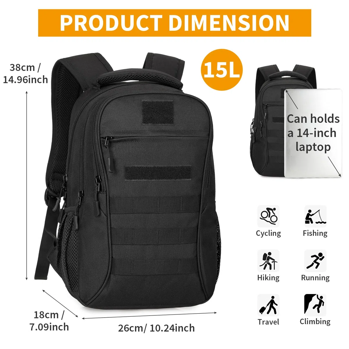 HUNTVP Mochila Militar Pequeña 15L Mochila Tactica Molle Impermeable Deportivas Mochila Hombre Nylon Bolsa Mochila Escolar para Viaje Acampar Senderismo