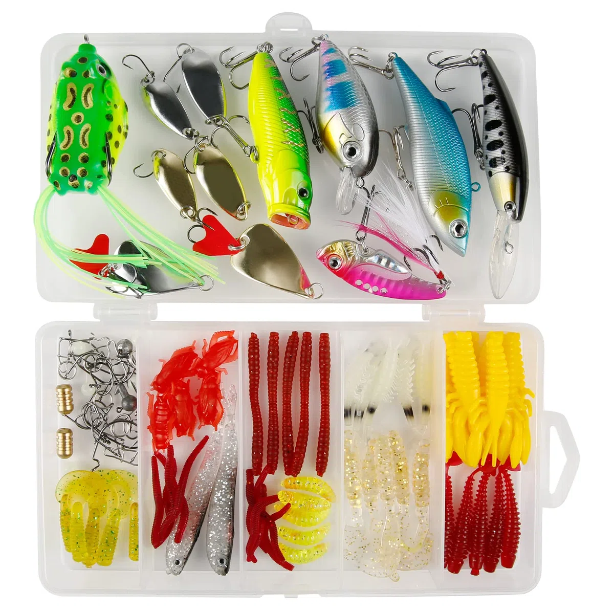 Kits Señuelos de Pesca, 109 Piezas, Accesorios Cebos Artificiales Incluido la Caja Tackle, Ganchos, Swimbait