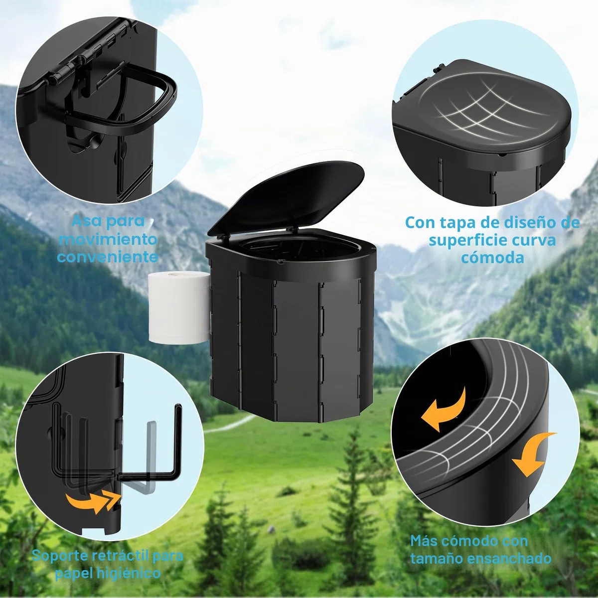 WADEO Inodoro Portátil para Camping, Capacidad de Carga hasta 200kg, Inodoro Plegable con Portarrollos de Papel y Bandeja para Teléfono, Ideal para Acampar, Senderismo, Viajar, Pescar