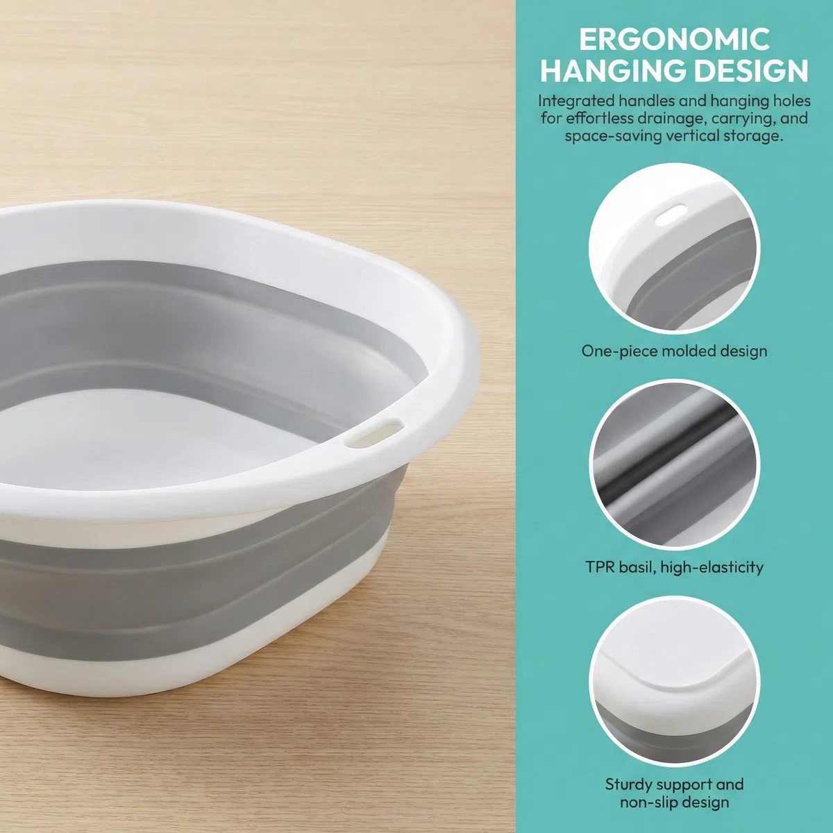 3 Lavabos Plegables, Fregadero Portátil para Camping, Cocina y Hogar, Barreño Plegable de Plástico en 3 Tamaños, Palangana Plegable que Ahorra Espacio, Cubo Lavamanos Multiusos-Gris y Blanco