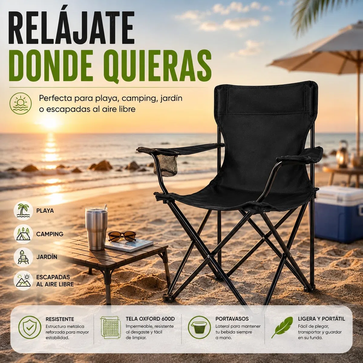 TIENDA EURASIA - Silla Playa o Camping | con Funda de Transporte y Asas | Plegable | Estructura de Metal | Asiento Impermeable | Color Negro | Medida 50 x 50 x 80 cm