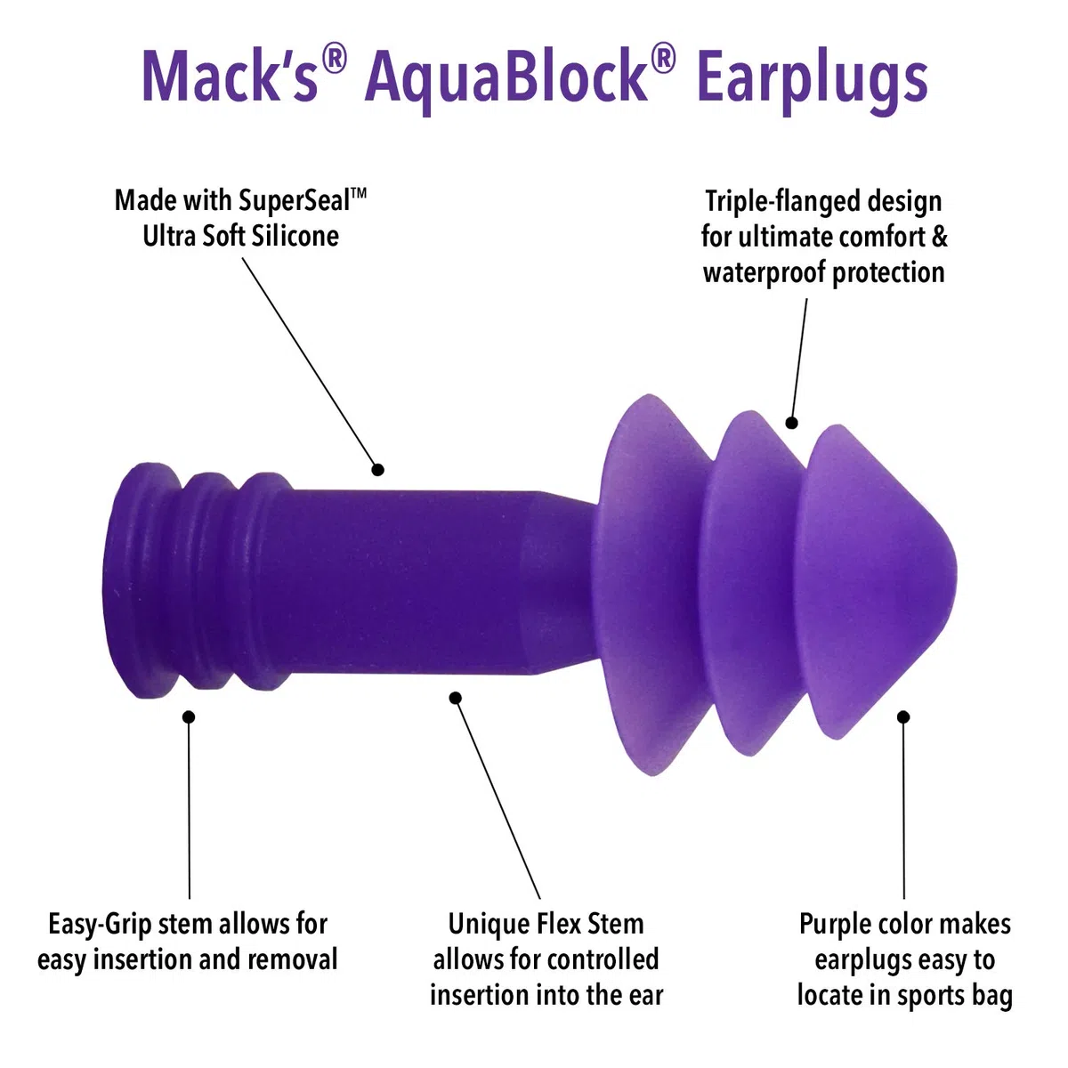 Mack's AquaBlock - Tapones para los oídos de natación, 3 pares, cómodos, impermeables, reutilizables de silicona para natación, buceo, ducha, surf y baño, Púrpura