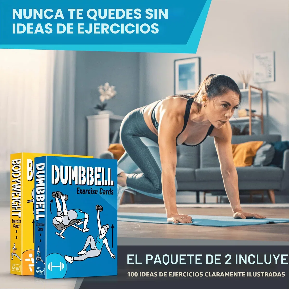 [2 Paquetes] Tarjetas de Entrenamiento Peso Corporal y Mancuernas – Tarjetas Gimnasio en Casa 12,6 x 9 cm 100 Ejercicios – Ideal para Deporte en Casa y Levantamiento de Pesas – Fitness en Casa
