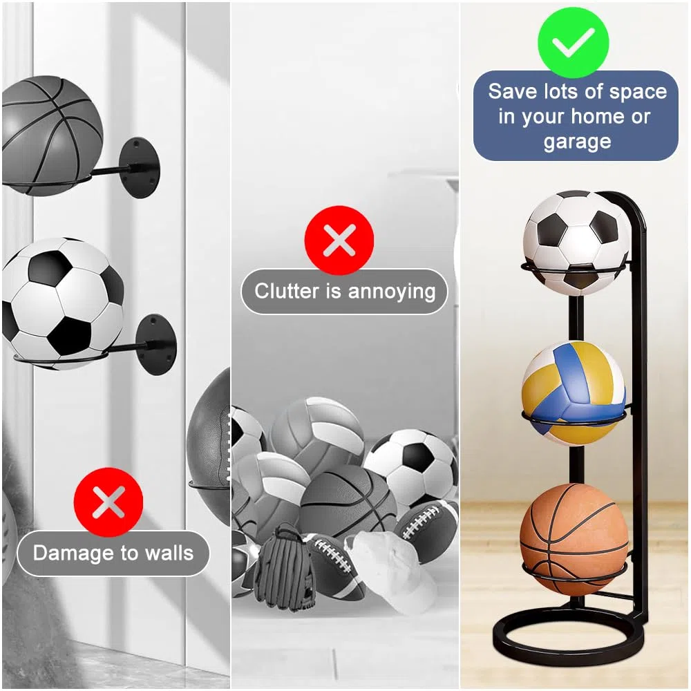 Kleemeiero Soporte para Balones de Baloncesto, Soporte Pelota Baloncesto Vertical de 3 Niveles, Estante de Bolas de Metal, Estante de Almacenamiento de Pelotas para Baloncesto, Fútbol y Voleibol