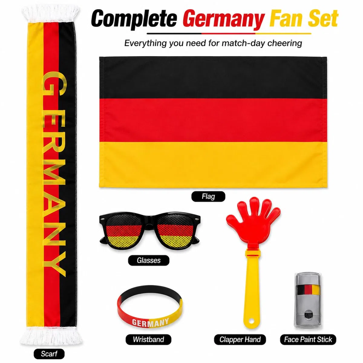 Juego de 6 piezas para fanáticos de Alemania, bufanda, gafas, bandera, chisme, pintura facial y pulsera – regalos típicos alemanes para aficionados al fútbol, accesorio perfecto para estadio, vista