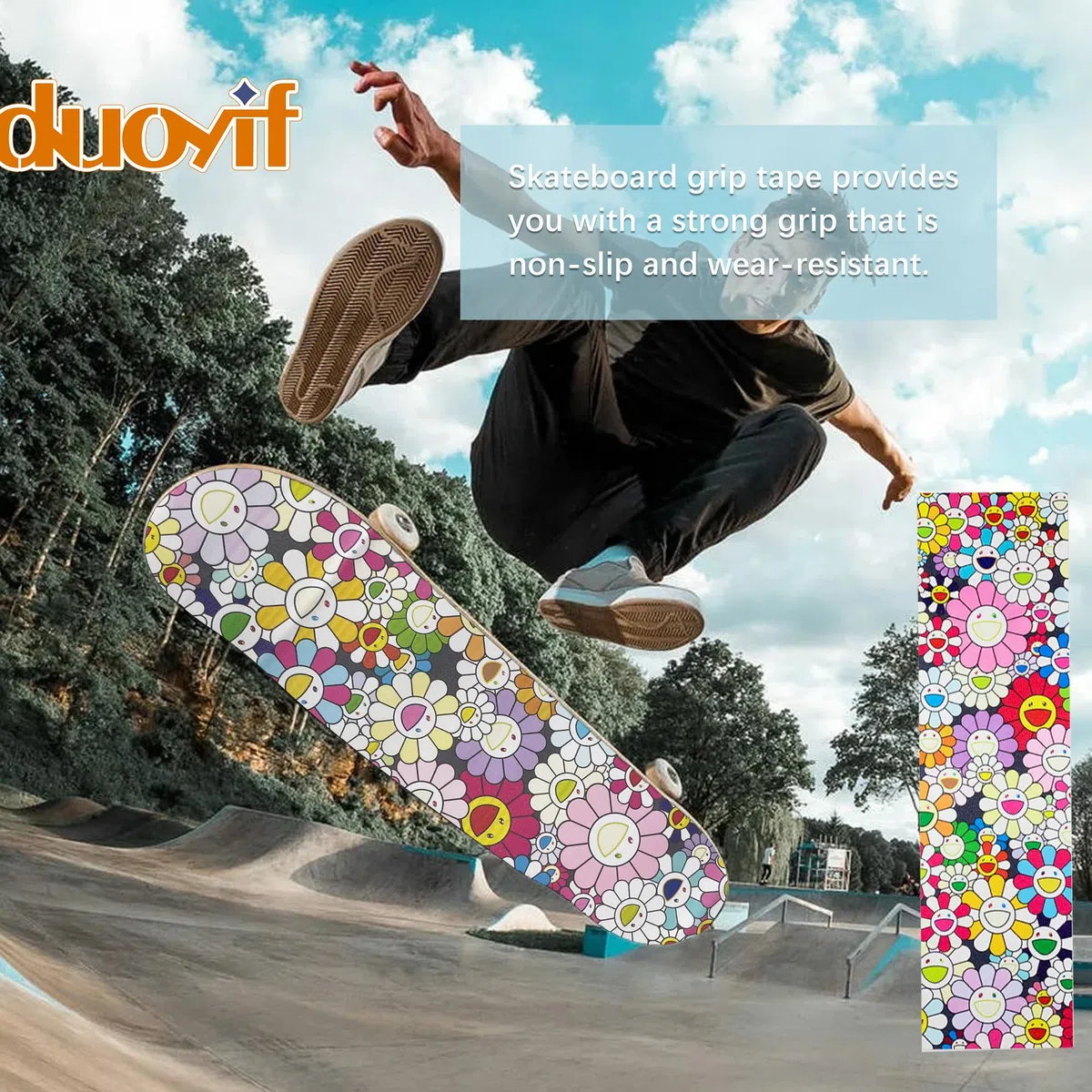 duoyif Skateboard Griptape, Lijas De Skateboards Scooters, Cinta De Agarre De Lijas Para Monopatín Longboard Scooters - Grip Tape Sin Burbujas, Antideslizante (Sol-Flor, 84x23cm)