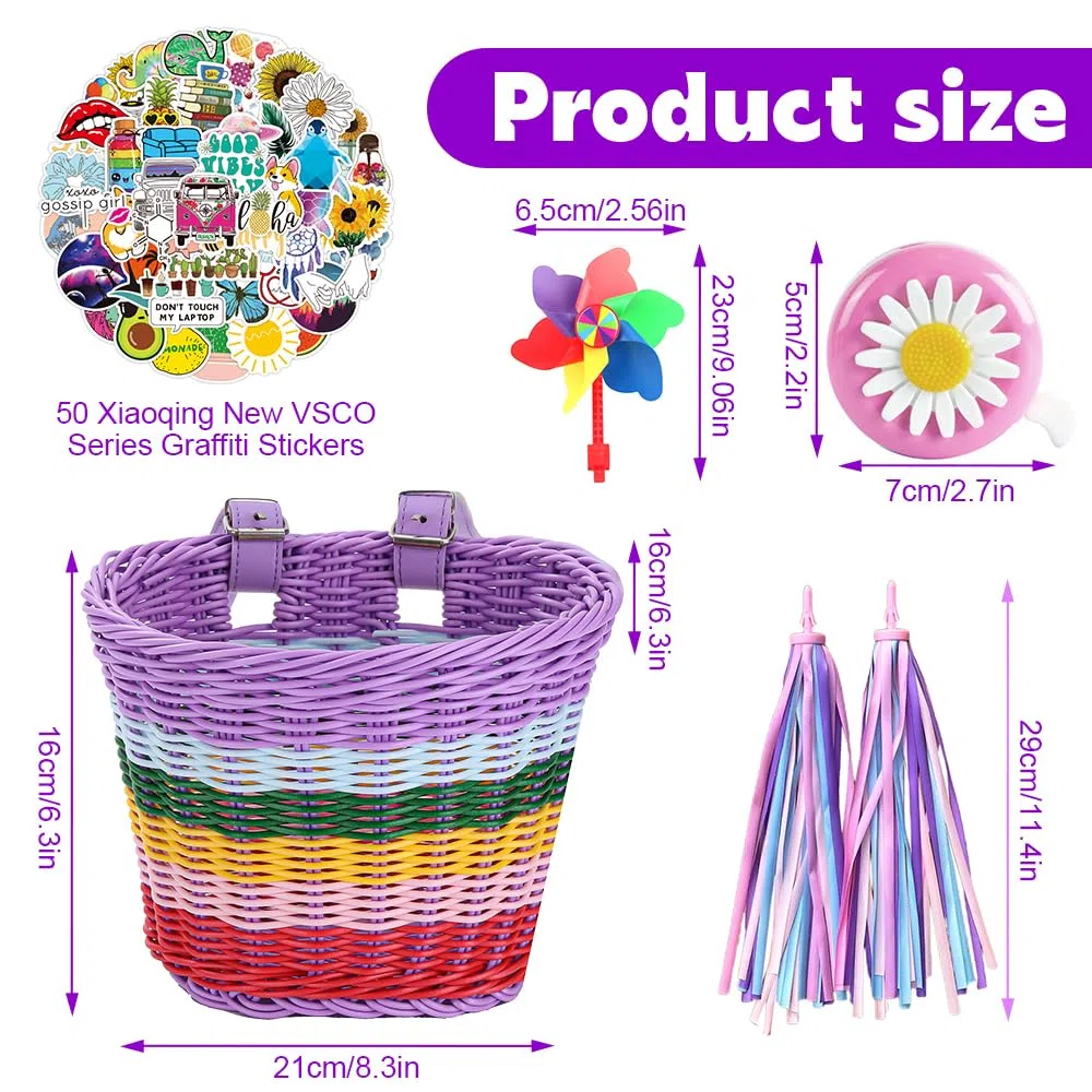 Cesta de Bicicleta para Niños, Cesta Bici Niño, Cesta Lantera Bicicleta Niños, Cesta Bicicleta Desmontable, para Manillar de Bicicleta Infantil, con Timbre, Pegatinas, Serpentinas y Molino