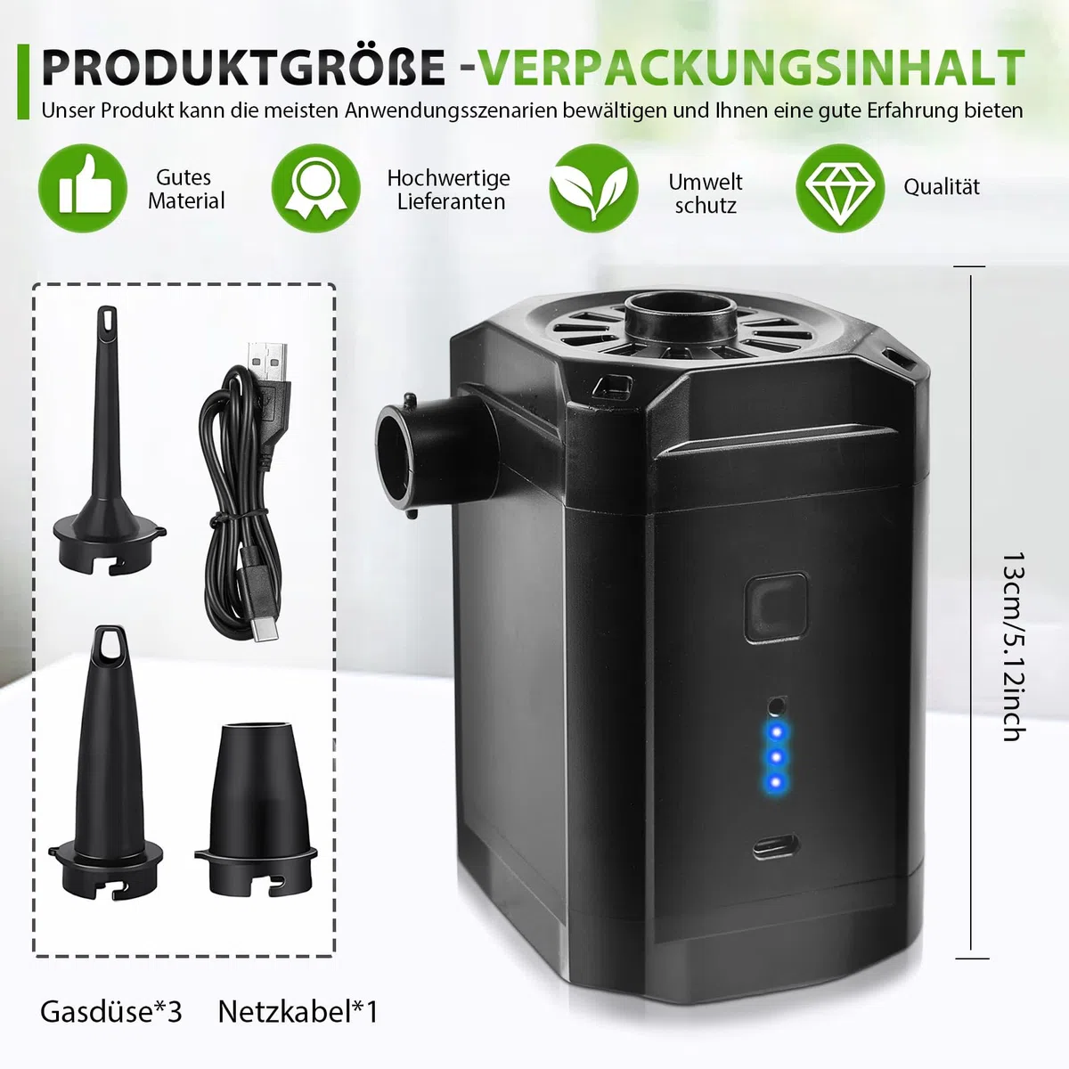 Bomba de aire eléctrica con batería, bomba para colchón hinchable 5200mAh recargable, mini bomba eléctrica de 2 en 1 con USB para inflar y desinflar, con 3 boquillas de aire para colchón hinchable