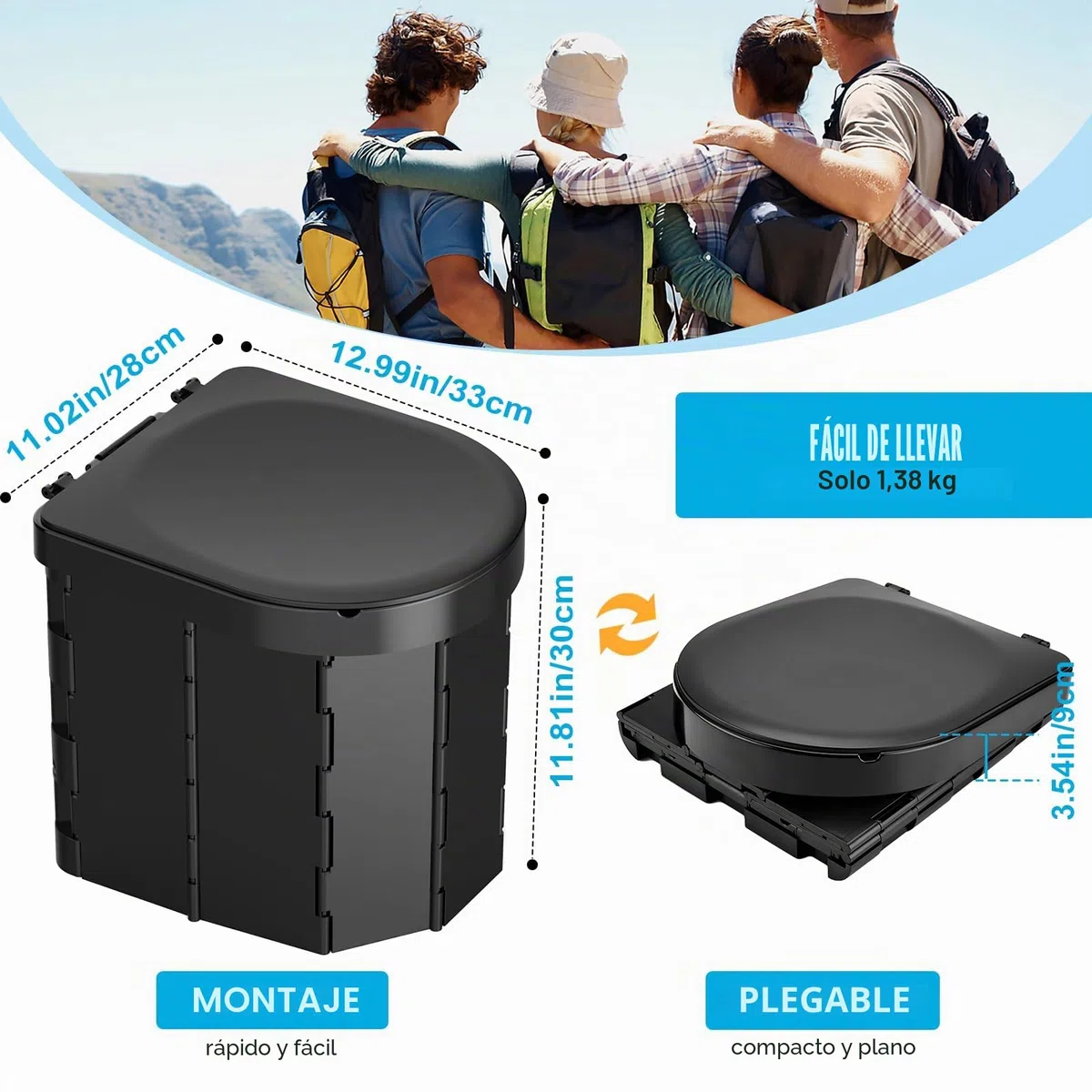 WADEO Inodoro Portátil para Camping, Capacidad de Carga hasta 200kg, Inodoro Plegable con Portarrollos de Papel y Bandeja para Teléfono, Ideal para Acampar, Senderismo, Viajar, Pescar