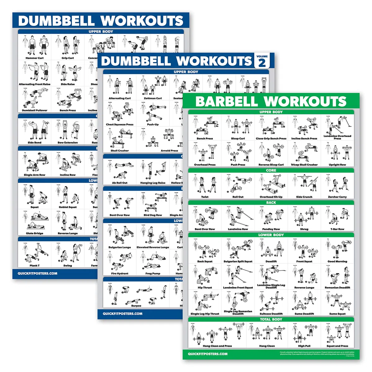 Palace Learning 3 Pack: Dumbbell Workouts Posters Volume 1 & 2 + Barbell Exercises - Set of 3 Workout Charts (LAMINATED, 18" x 24")
