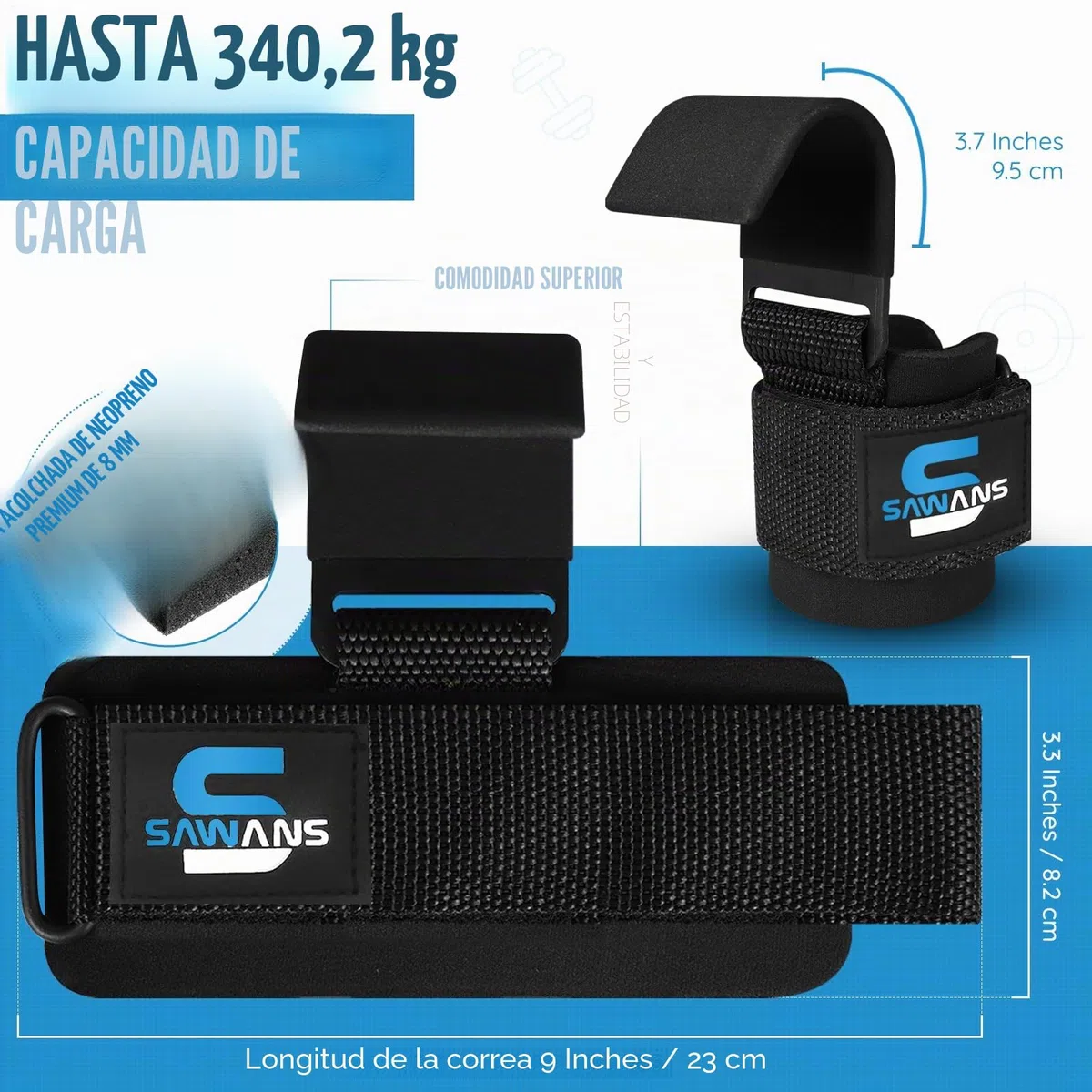 SAWANS Soporte de muñeca Ganchos de levantamiento de pesas Entrenamiento Gimnasio Bar Soporte Guantes acolchado grueso, de neopreno, con revestimiento correas goma Power Wrist Straps (Negro)
