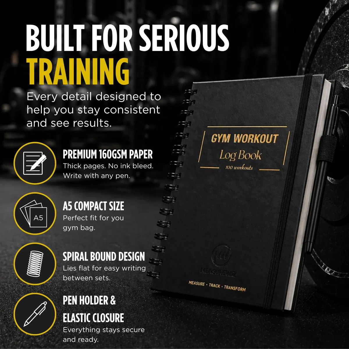 Cuaderno de registro de entrenamiento de gimnasio, planificador de ejercicios y fitness de tapa dura A5 con papel grueso, diario de pérdida de peso, diario de gimnasio y rastreador de