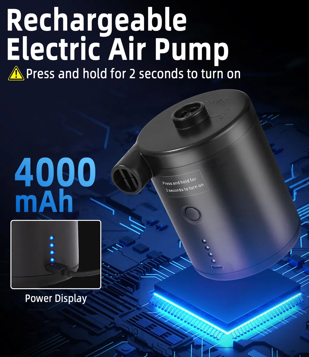 Inflador Electrico Colchon Portátil 4000mAh, Hinchador Colchon Hinchable de Llenado Rápido, Mini Inflador Paddle Surf Electrico para Cojines Inflables, Camas de Colchón de Aire, 3 Boquillas