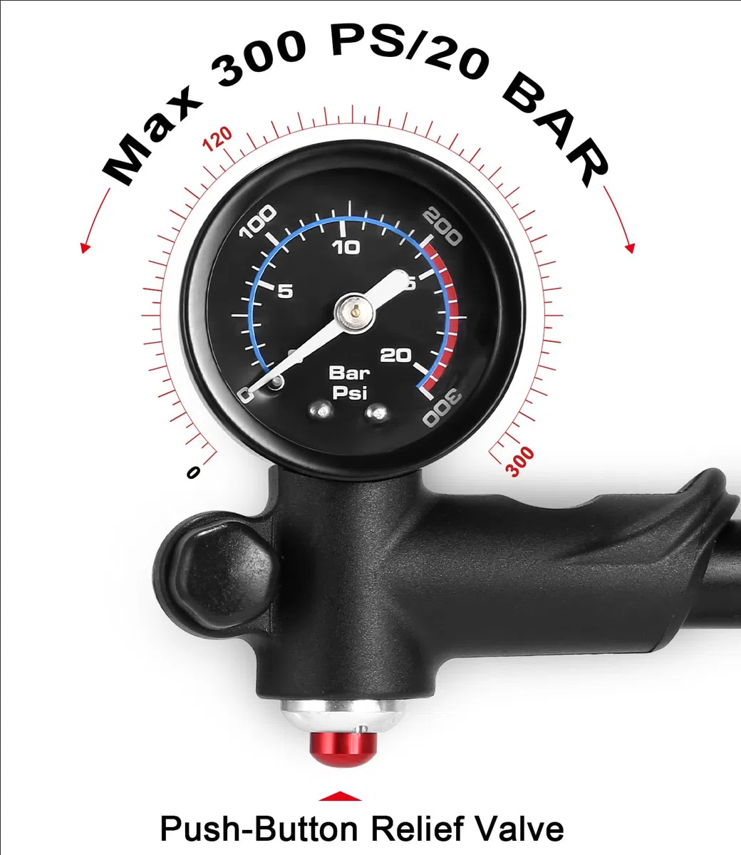 Bomba de Choque de Alta presión(MAX 300 PSI), Bomba de Bicicleta con manómetro y botón de Purga, Horquilla/suspensión Trasera 2 en 1 y Bomba de neumáticos para Bicicleta MTB, Bicicleta de Carretera