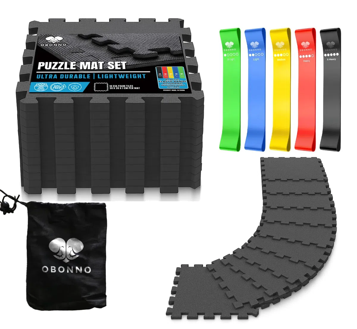 Set de suelo gimnasio + 5 gomas elasticas musculacion - Alfombra tatami antideslizante para gimnasio en casa, Esterilla Fitness para apoyo de banco musculación, pesas y mancuernas en tu gym