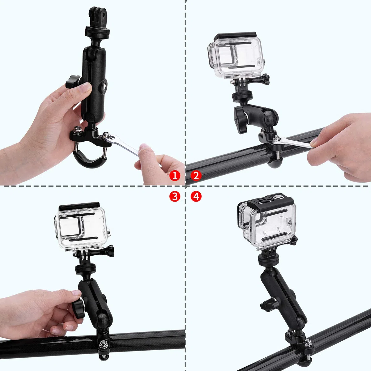 TKOOFN Soporte de Bicicleta/Motocicleta para GoPro Cámara, Montaje para Manillar de Metal Ajustable Giratorio de 360 Grados para GoPro Hero 12 11 10 9 8 7 6 5 4,DJ Canon Nikon Sony Cámara de Acción