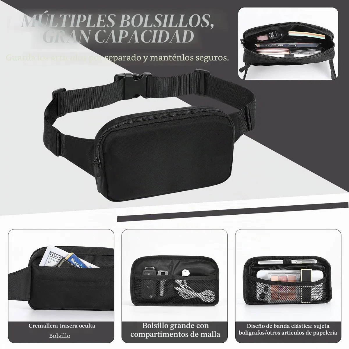 MoKo Riñonera Deportiva para Hombre Mujer, Cinturón Running Universal con Correa de Bandolera Ajustable y Cremallera para Deporte Senderismo Ciclismo Viaje, Bolsa Bandolera de Cintura de Nylon