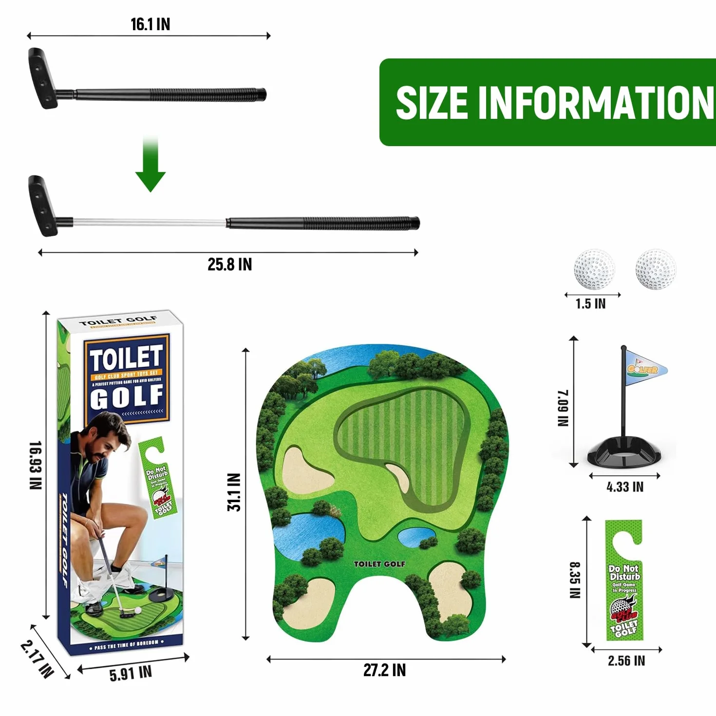 Juego de regalo de golf para inodoro, mini orinal con palo de golf escalable, alfombrilla de putting, 2 pelotas de golf y colgador de puerta, regalo divertido para baño, inodoro