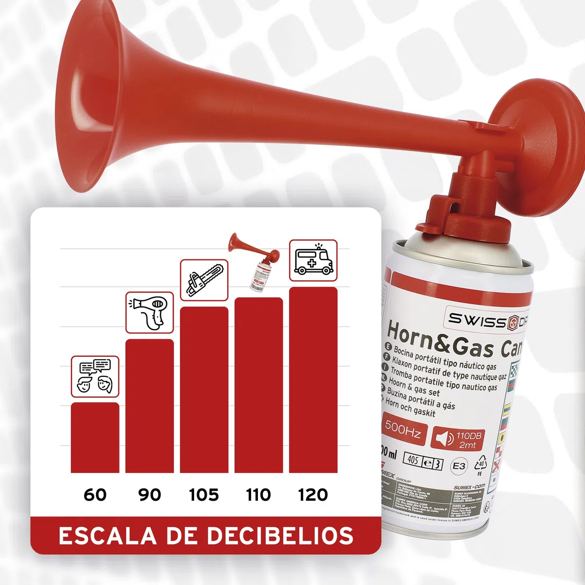 S SUMEX Bocina Portátil Tipo Náutico Gas 500Hz 110DB Muy Potente para Barco Seguridad Eventos Deportivos Celebraciones Incluye Botella de Gas
