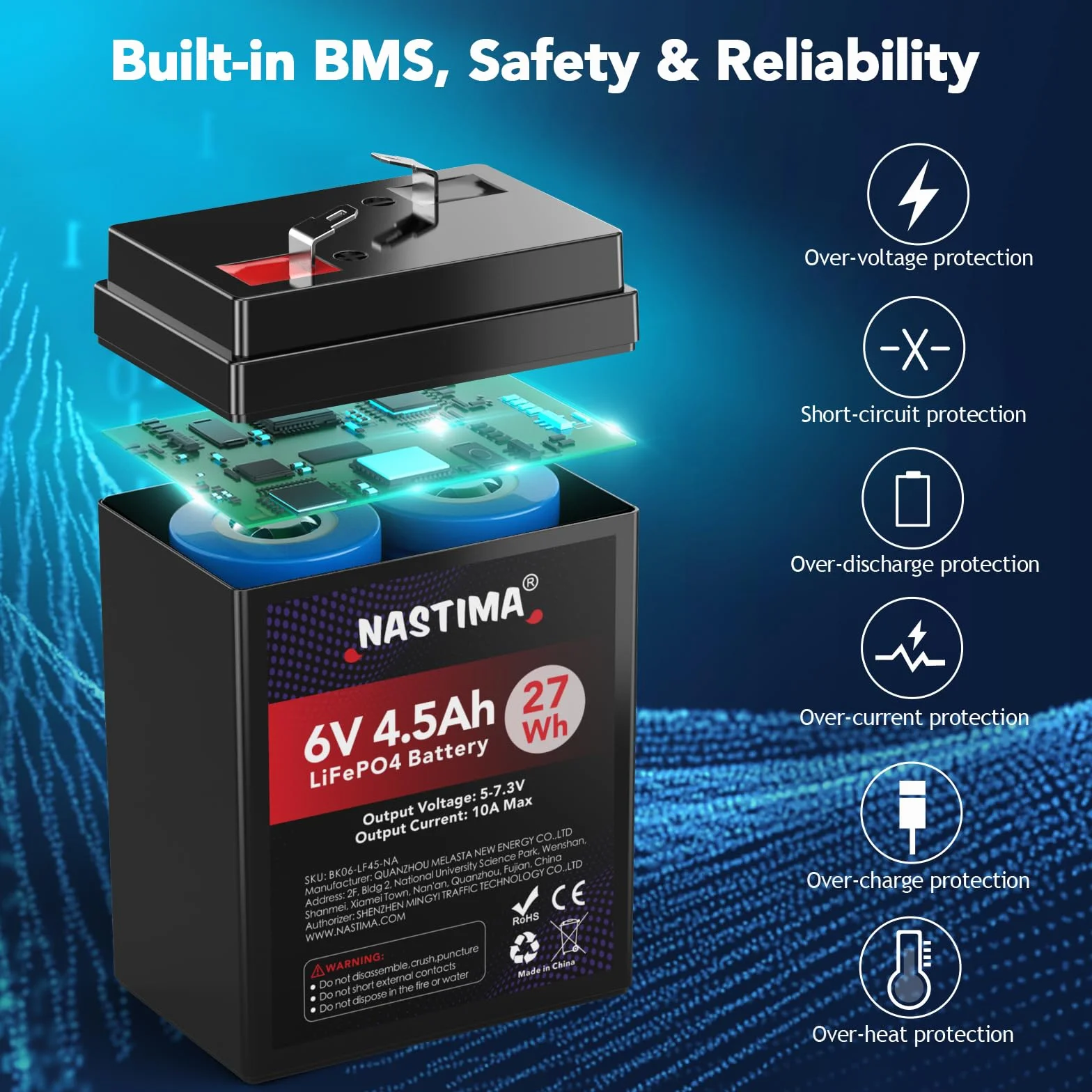 NASTIMA Batería Recargable 6V 4,5Ah LiFePO4 con Protección BMS y Ciclo Profundo 2000, Cámaras de Vigilancia, Coches de Juguete para Niños, Lanchas a Motor, Camping, Paneles Solares