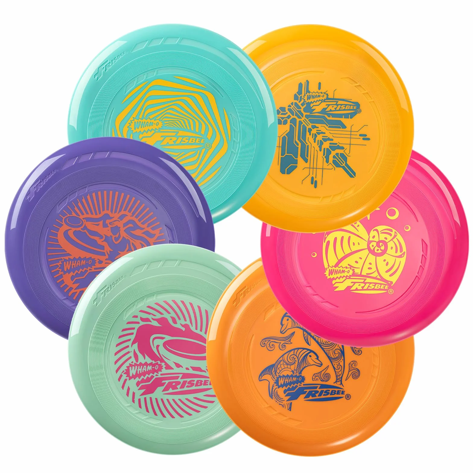 Wham-O Frisbee Go Paquete de 6 Discos Voladores, 22.86 cm Juego de Juguetes Coloridos y Ligeros para Principiantes Niños Niñas de 5+ Años para Exteriores Playa Parque Patio - 70g