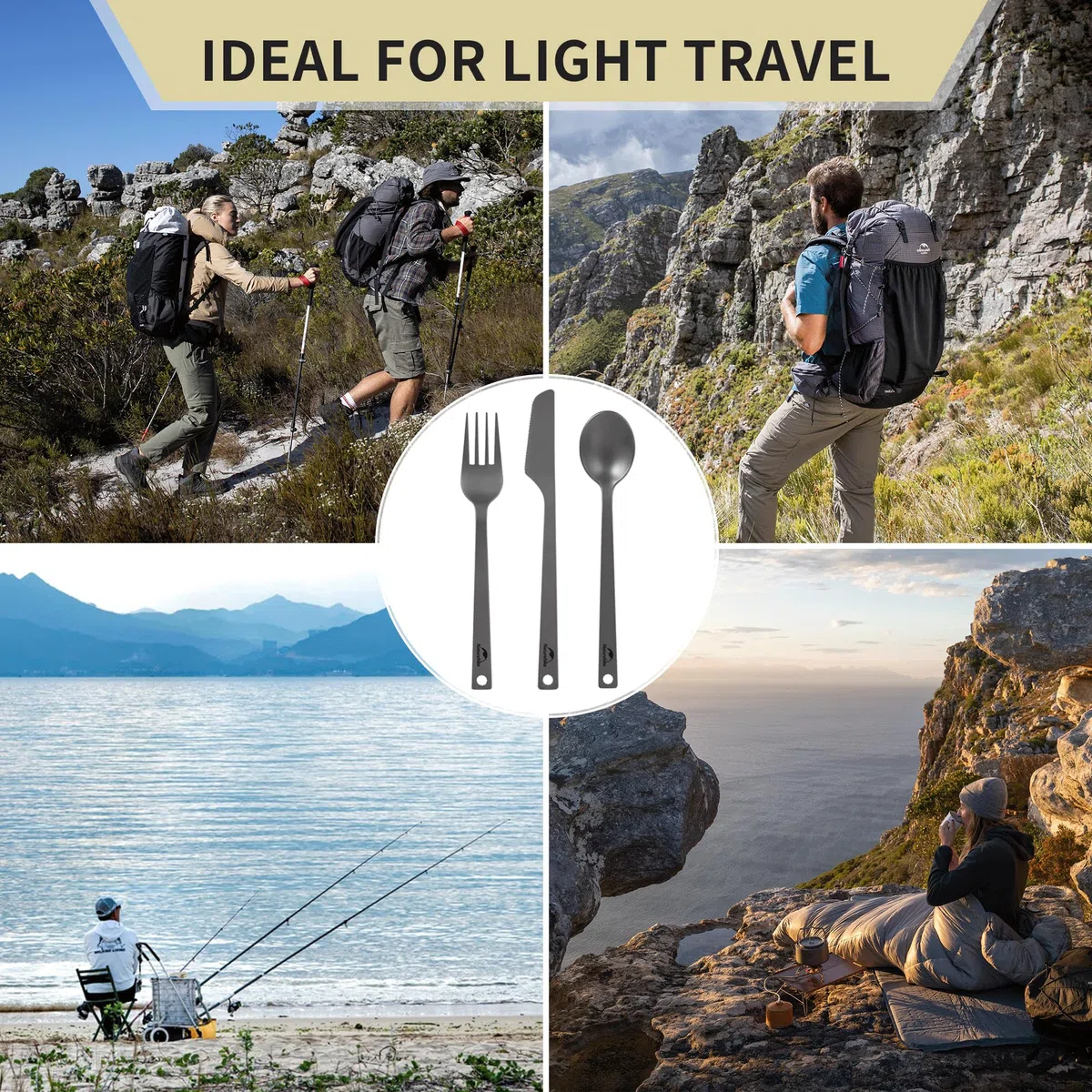 Naturehike Cubiertos de camping, Juego de Cubiertos de Titanio, 3 Piezas, Cuchillo de Cuchara de Titanio, con Mosquetón y Bolsa de Almacenamiento, Ideal para Camping al Aire Libre y Viajes