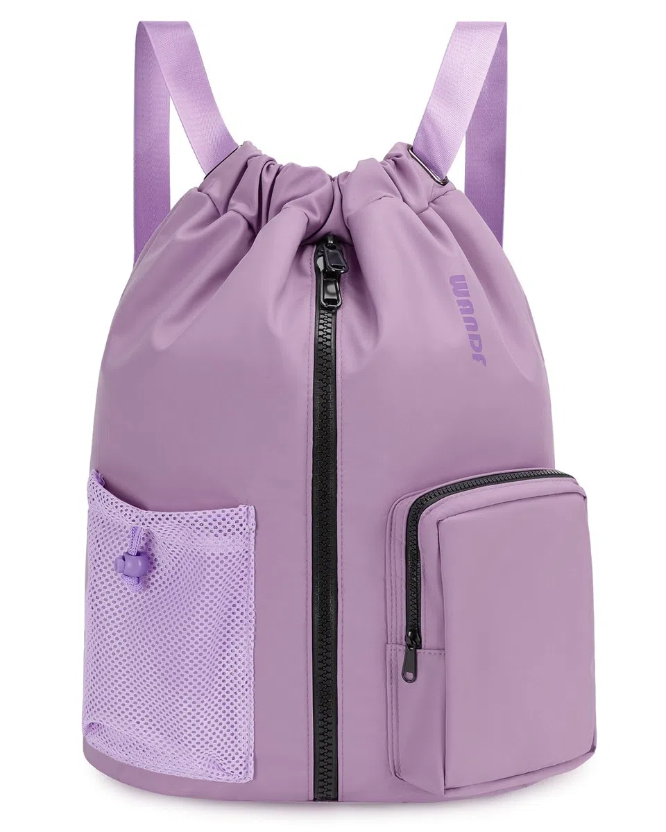 WANDF Mochila con Cordón con Zapatero, Bolsa Deporte Impermeable Hombre Mujer Niños, Gran Capacidad, Resistente Ligera, Ideal Gimnasio, Natación, Viaje y Colegio,Morado