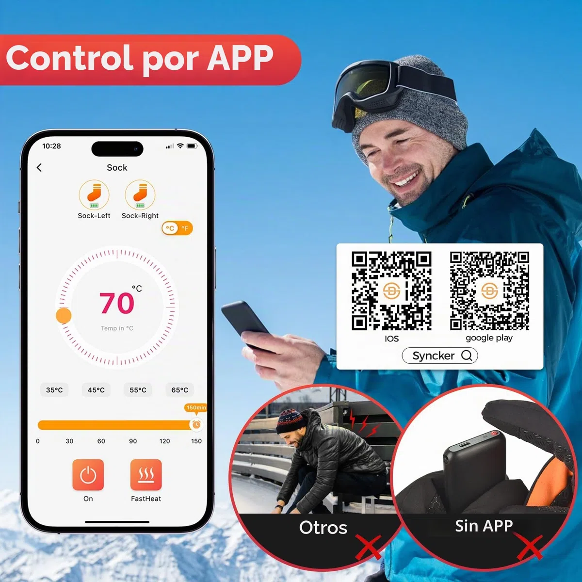 Calcetines calefactables de 5 V, 8000 mAh, Recargable, Calcetines cálidos para Mujer, Hombre, Control de aplicación, Calcetines calefactables, 4 Calcetines térmicos