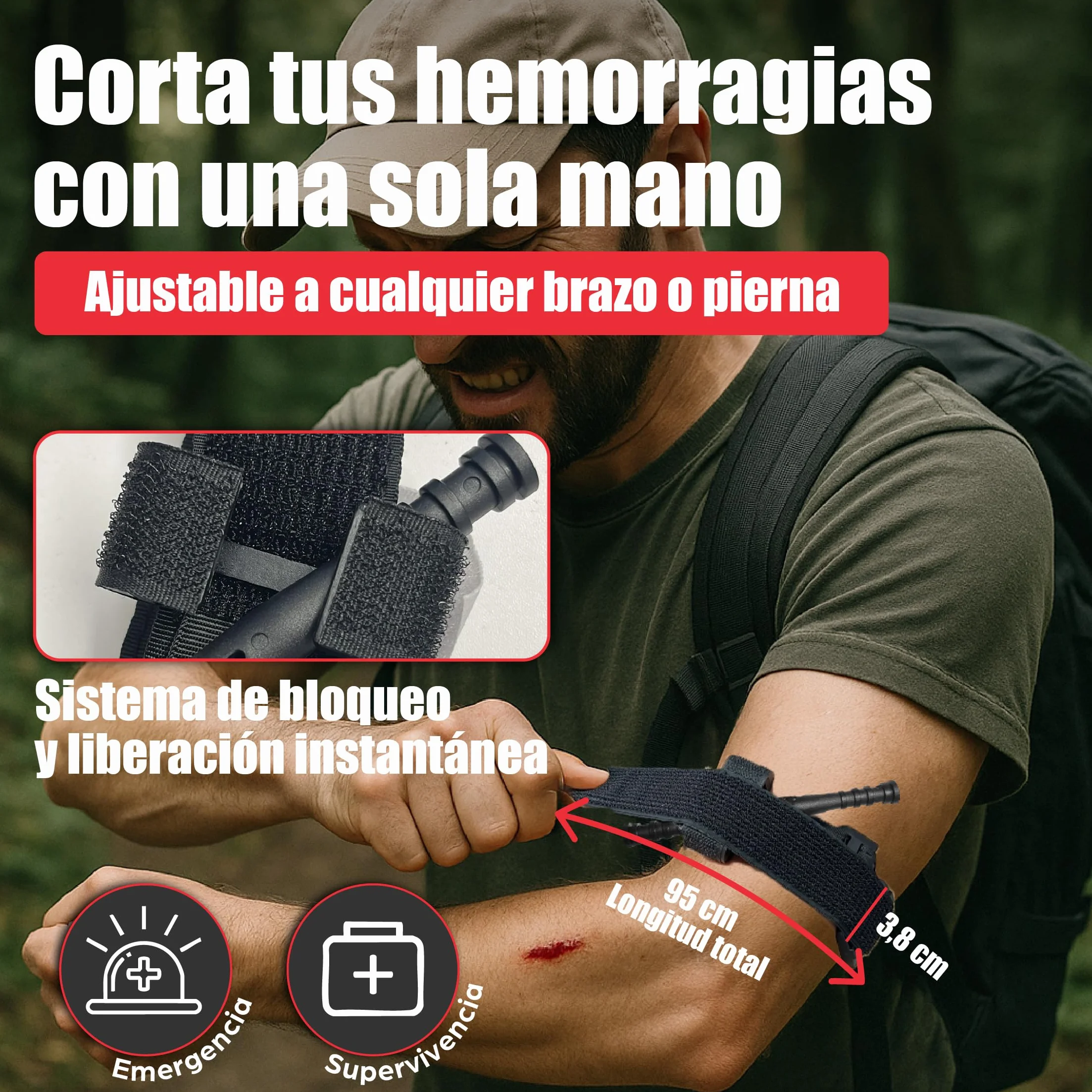 Pack Torniquete Táctico. 5 piezas (torniquete+funda+tijeras+boligrafo+parche) Kit supervivencia homologado hemorragias. Emergencias senderismo, militar, enfermero, policía Botiquín primeros auxilios
