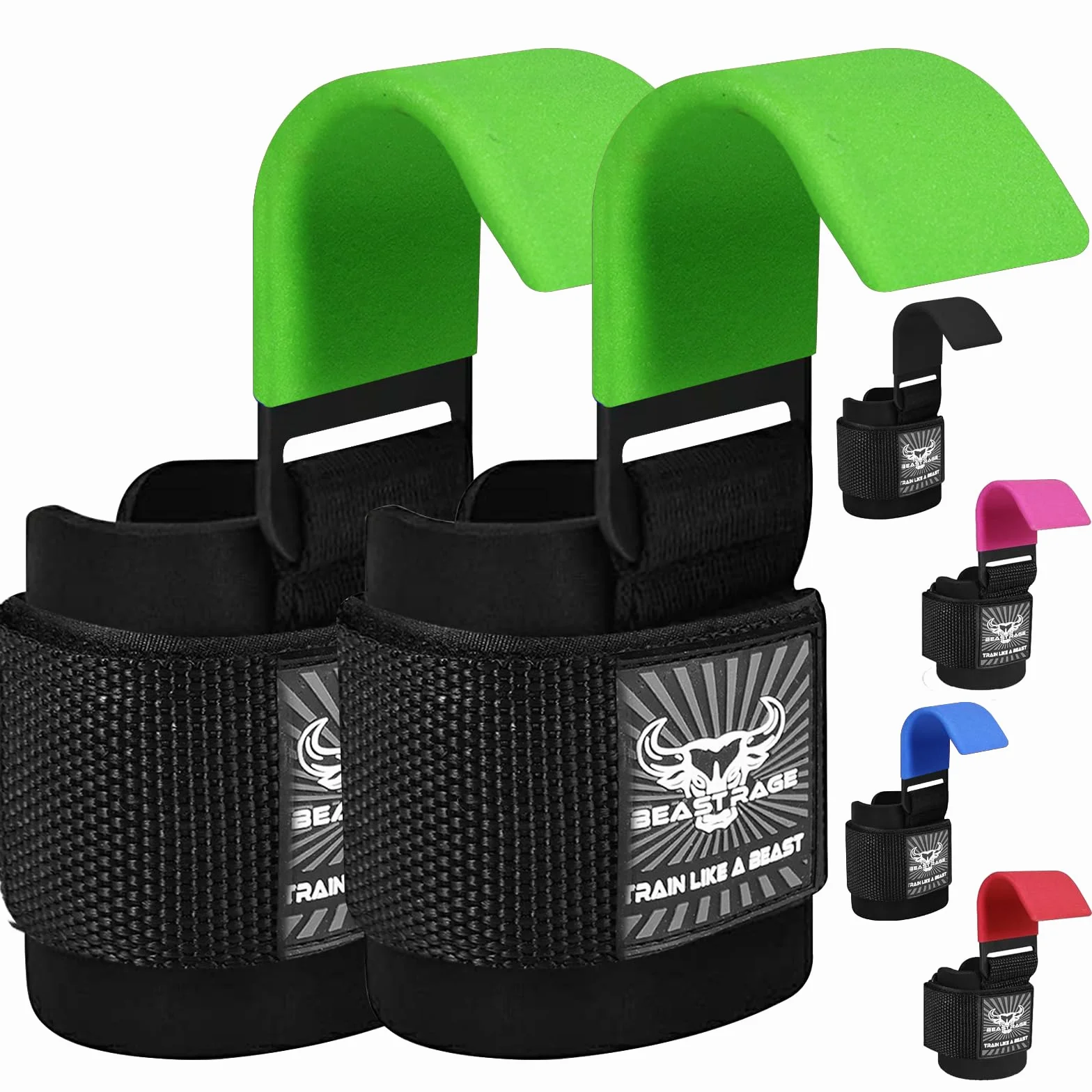 BEAST RAGE Ganchos para levantamiento de pesas, correas de muñeca de neopreno grueso acolchado con revestimiento de goma, antideslizantes, levantamiento de peso, entrenamiento, gimnasio,
