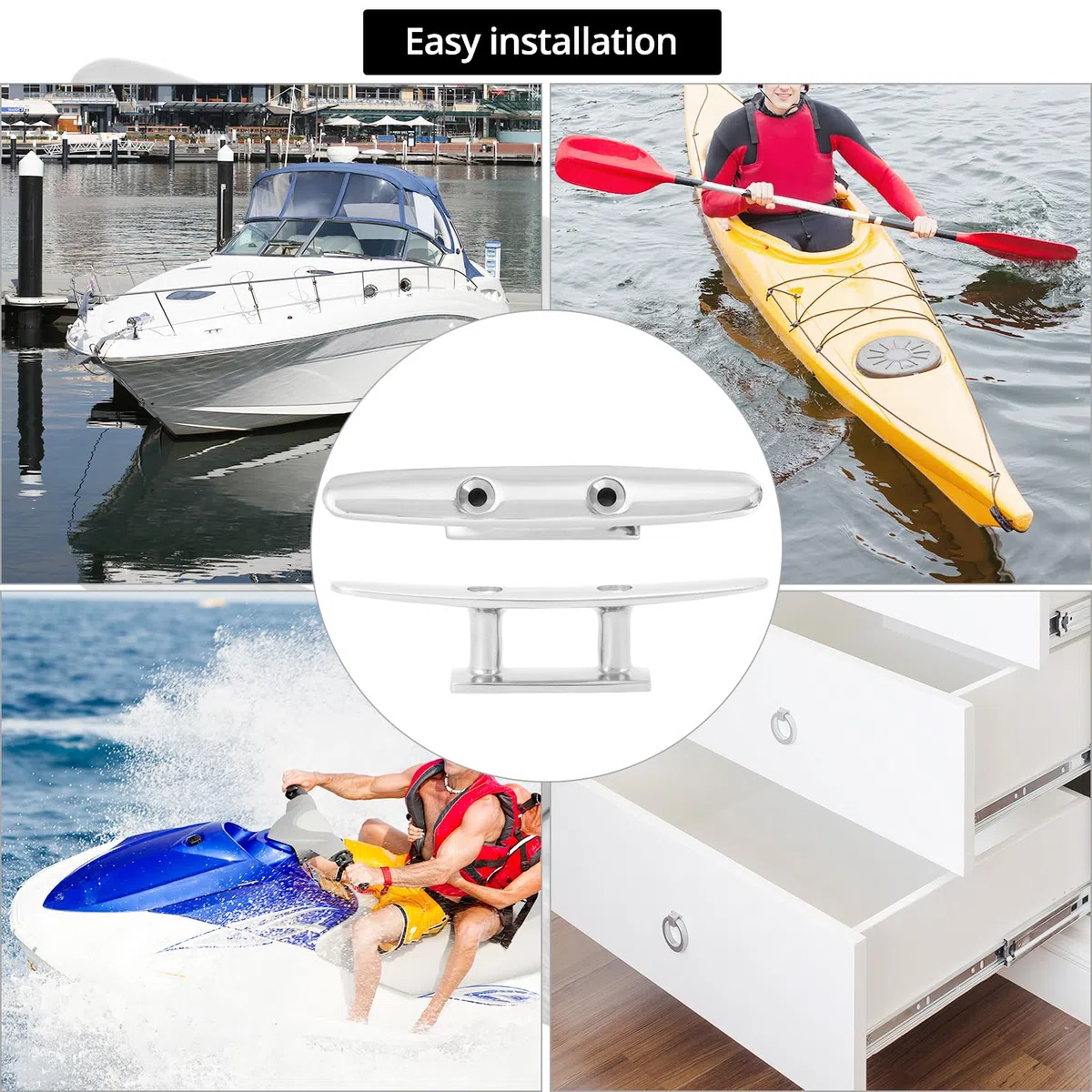 QWORK® Cornamusa de Acero Inoxidable 316, Plana con 2 Orificios, Extremadamente Inoxidable, Resistente al Agua Salada y a los Rayos UV - Cornamusa de Amarre para Cuerdas, Cuerdas, mástiles