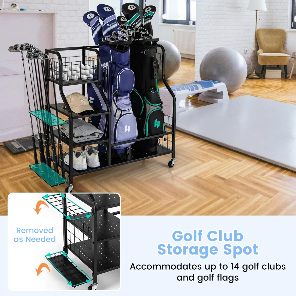 LIFEZEAL Estante de Golf, Almacenamiento de Bolsas de Golf con Ruedas, Almacenamiento Deportivo con Cesta y Gancho, Organizador de almacenaje de Palos de Golf para Garaje, Gimnasio y Escuela