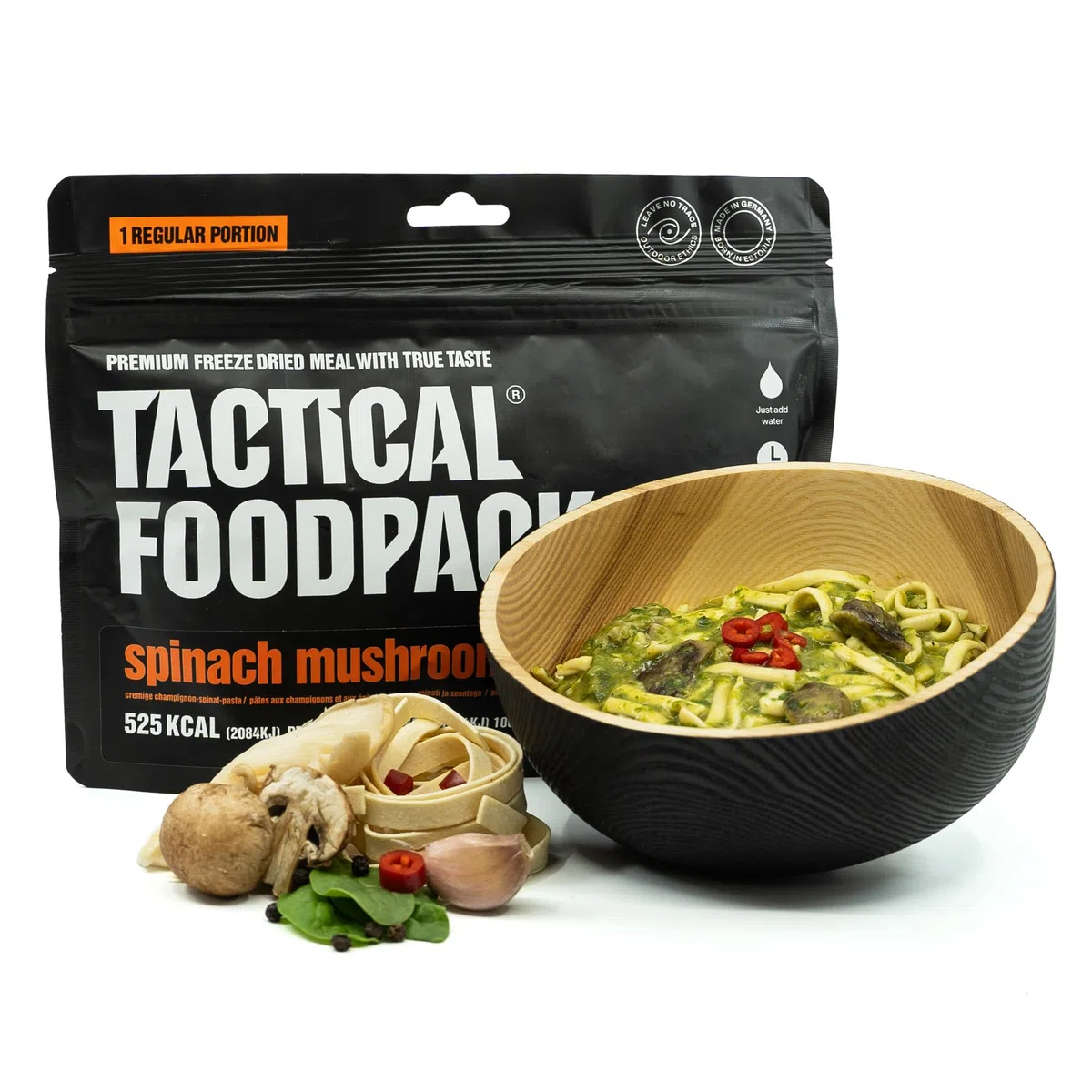 Tactical?Foodpack?Pasta?con?Espinacas?y?Champiñones liofilizada vegana?525?kcal?110?g?|?Lista en?5?9?min?|?Ración ligera para kits de emergencia, senderismo y outdoor