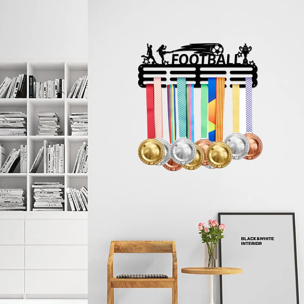 SUPERDANT Soporte para medallas de fútbol Soporte para medallas Deportivas Ganchos de Hierro para Colgar en la Pared para más de 60 galardones Soportes para Cintas Deportivas