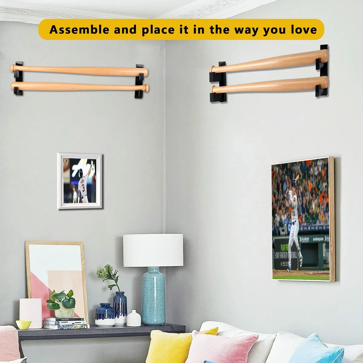 Alyoen Estante de exhibición de bates de béisbol, soporte de bate de sóftbol de 2 niveles, soporte de pared para bate de béisbol, estante horizontal para bates de béisbol con forro de fieltro para