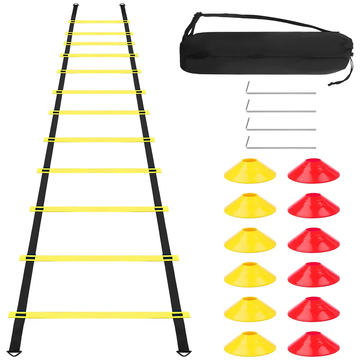 Accesorios Entrenamiento Fútbol, con 6M Escalera Agilidad, 12 Conos, 4 Postes, 1 Bolsa, Escaleras Coordinación, Equipo Deportivos para Atletismo, Speed Agility Training Kit para Jóvenes Adultos