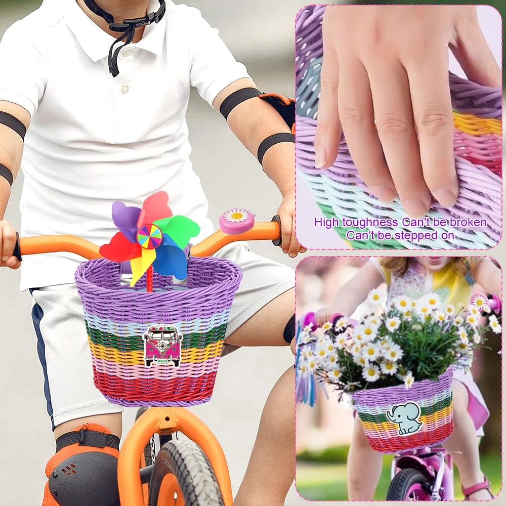 Cesta de Bicicleta para Niños, Cesta Bici Niño, Cesta Lantera Bicicleta Niños, Cesta Bicicleta Desmontable, para Manillar de Bicicleta Infantil, con Timbre, Pegatinas, Serpentinas y Molino