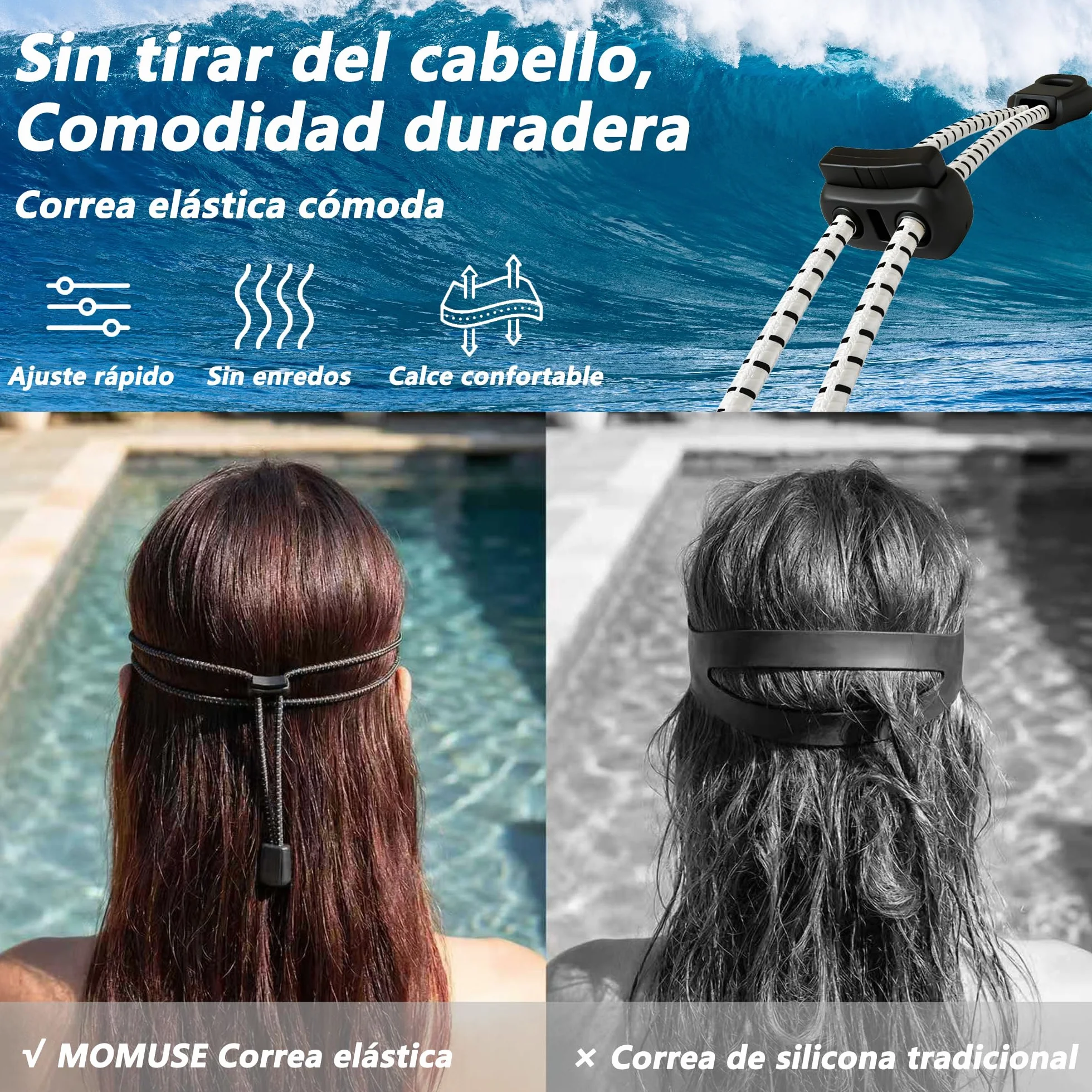 MOMUSE Gafas de Natación Adultos Cordón Elástico Cómodo, Protección UV, Sin Tirar Cabello Antiempañantes. Gafas Piscina Hombre Mujer, Campo Visión Amplio Piscina, Playa, Entrenamiento