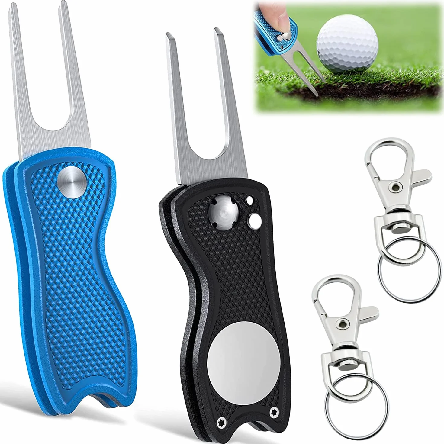 LBING 2 piezas de horquilla de golf divot reparación botón pop-up y marcador de bola de acero inoxidable para golf, club, deportes al aire libre y herramientas de golf clásicas regalo