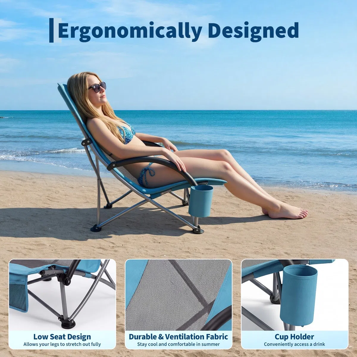 Garvee Silla de Playa Plegable Ligera – Respaldo de Malla Transpirable y Reposabrazos Acolchados – Estructura de Acero 150 kg – Portavasos y Bolsa para Móvil – Ideal para Camping, Jardín (2pcs)