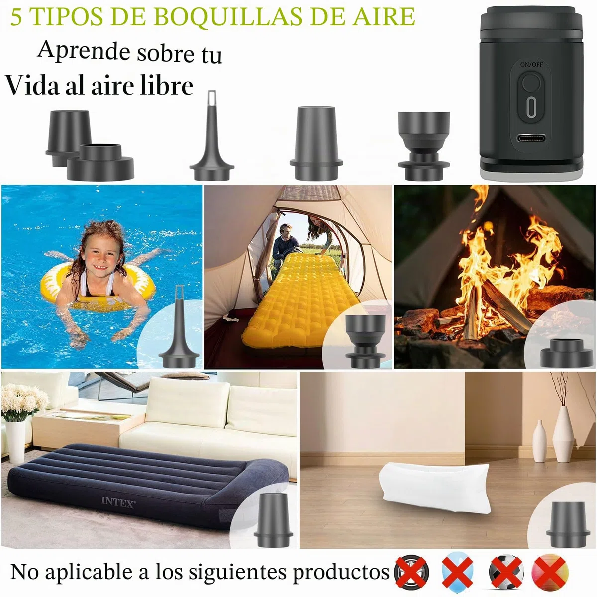Inflador eléctrico recargable: bomba de colchón inflable con 5 boquillas, mini bomba de aire, para barco, colchón y piscina de natación