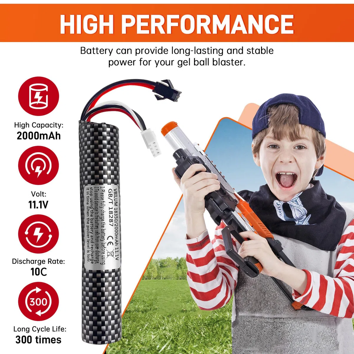 Batería de 11,1V y 2000mAh para Gel Blaster Softair con Cable de Carga Airsoft de Bola Splatter Batería Softair (1 Unidad)