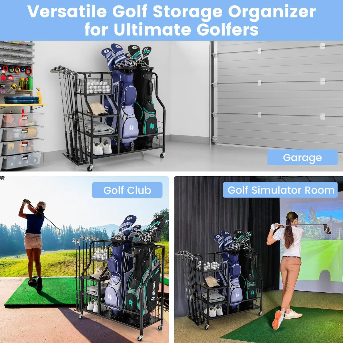 LIFEZEAL Estante de Golf, Almacenamiento de Bolsas de Golf con Ruedas, Almacenamiento Deportivo con Cesta y Gancho, Organizador de almacenaje de Palos de Golf para Garaje, Gimnasio y Escuela